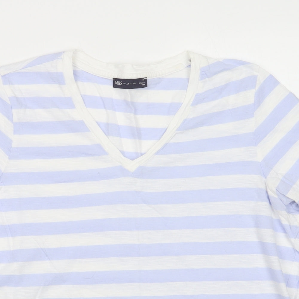 Marks and Spencer Womens Blue Striped Cotton Basic T-Shirt Size 14 V-Neck