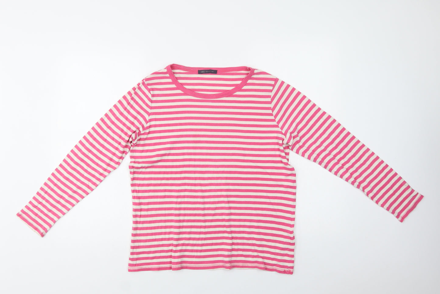 Marks and Spencer Womens Pink Striped Cotton Basic T-Shirt Size 18 Crew Neck
