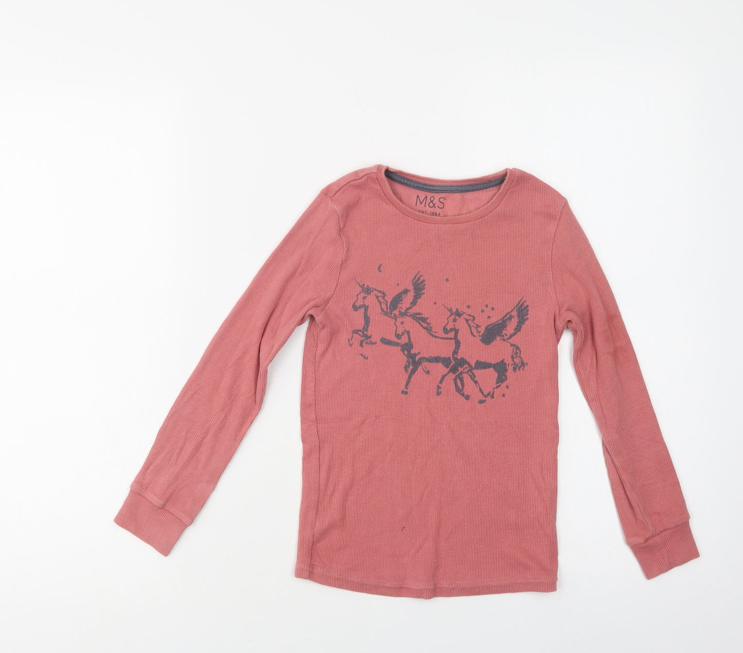 Marks and Spencer Girls Pink  Cotton Basic Blouse Size 7-8 Years Crew Neck  - Unicorn
