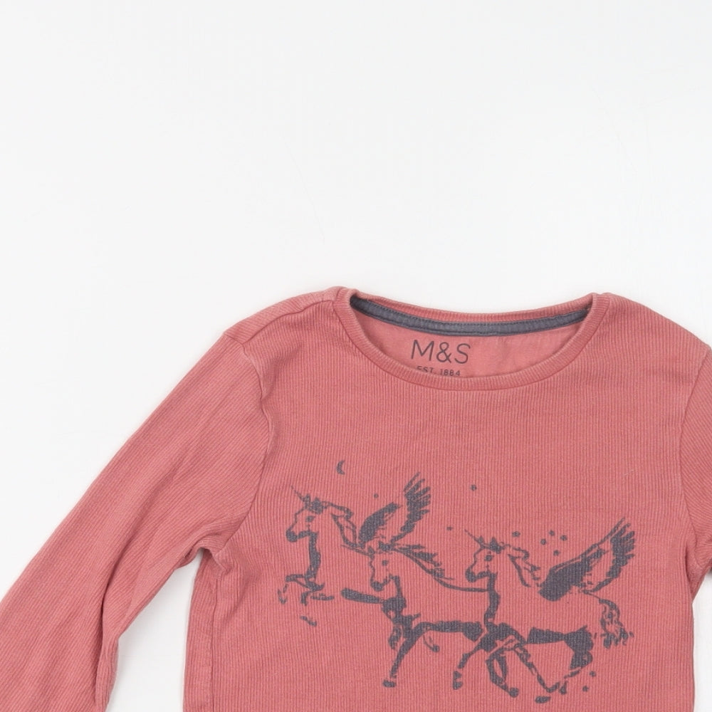 Marks and Spencer Girls Pink  Cotton Basic Blouse Size 7-8 Years Crew Neck  - Unicorn