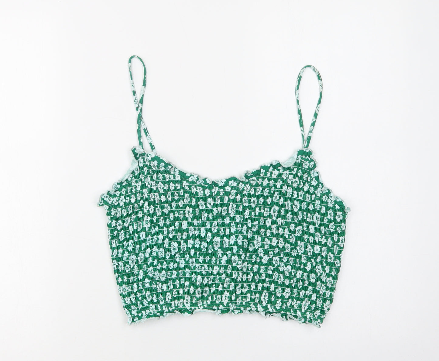 Primark Womens Green Floral Cotton Cropped Tank Size M V-Neck