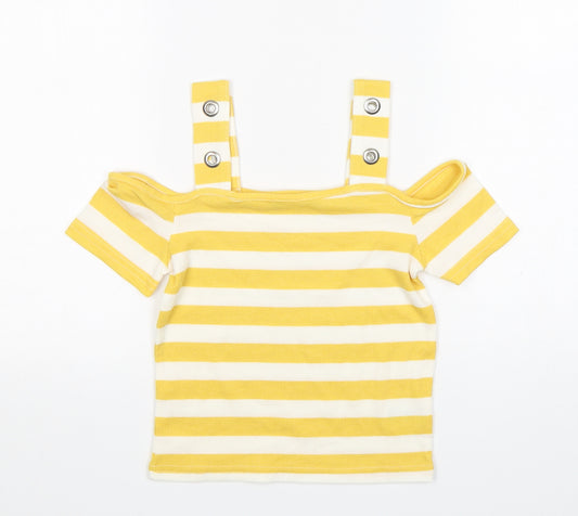 Front view of Atmosphere women’s yellow striped polyester basic t-shirt, size UK 8, boat neck