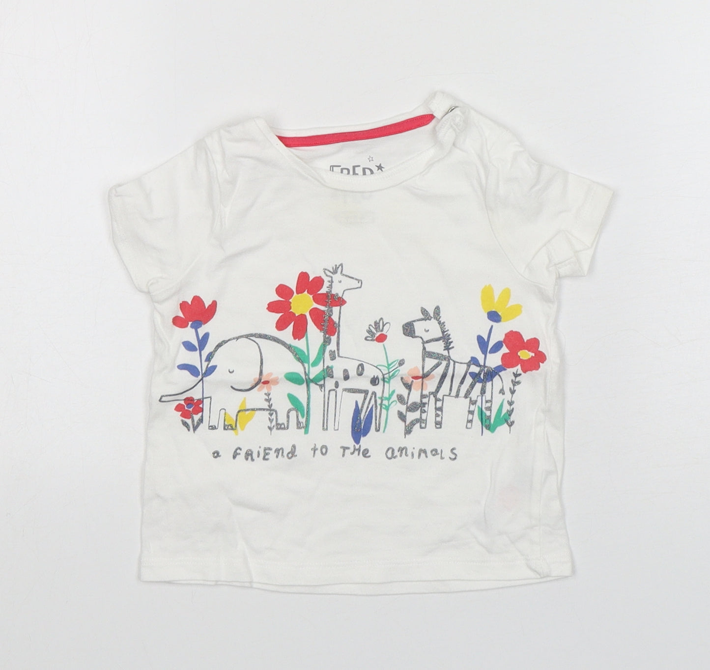 F&F Girls White Floral Cotton Basic T-Shirt Size 6-9 Months Round Neck