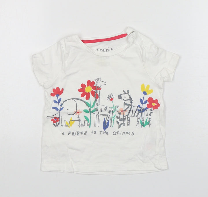 F&F Girls White Floral Cotton Basic T-Shirt Size 6-9 Months Round Neck