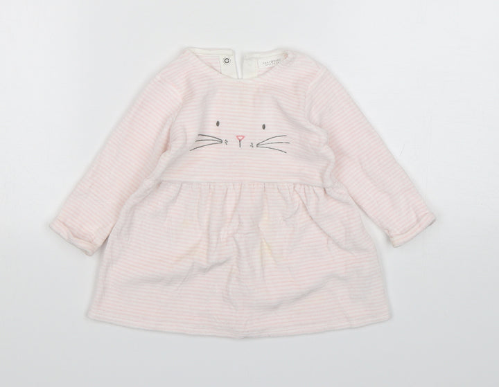NEXT Girls Pink Striped Cotton A-Line Size 6-9 Months Round Neck