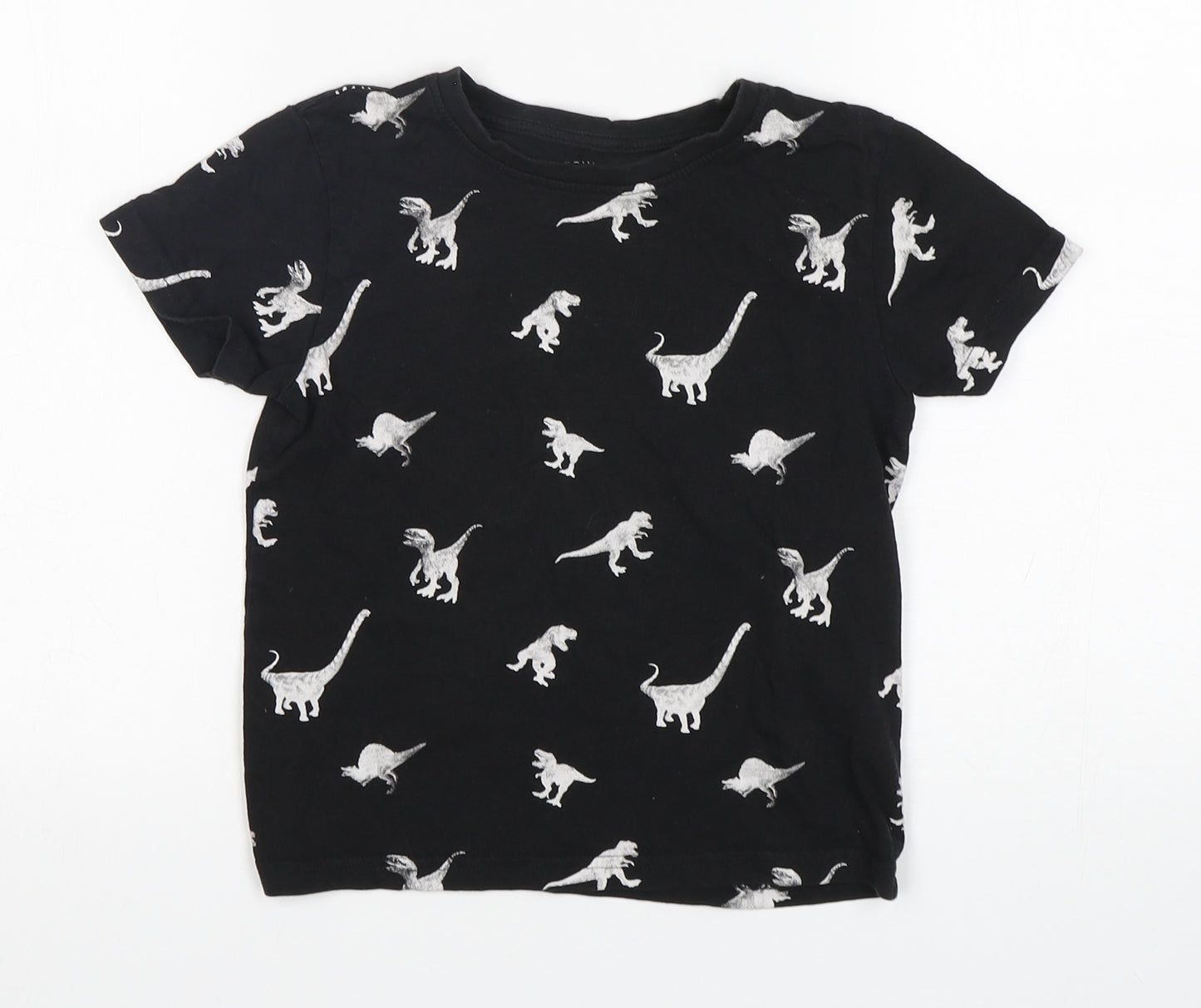 Primark Boys Black  Cotton Basic T-Shirt Size 6-7 Years Round Neck  - Dinosaur Print