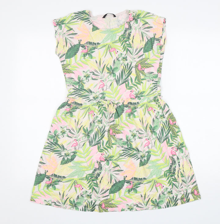 George Girls Green Floral Cotton T-Shirt Dress Size 12-13 Years Round Neck