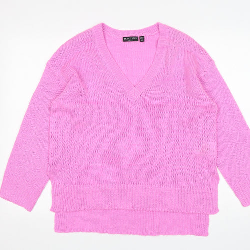 Brave Soul Womens Pink V-Neck  Acrylic Pullover Jumper Size M