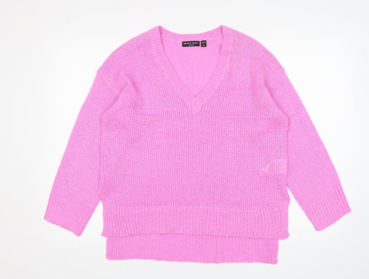 Brave Soul Womens Pink V-Neck  Acrylic Pullover Jumper Size M