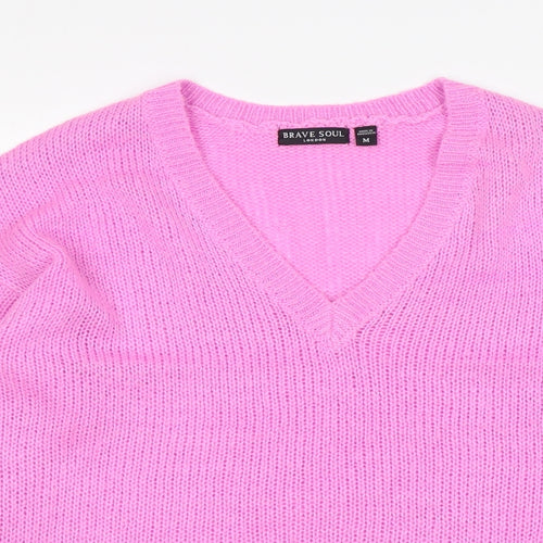 Brave Soul Womens Pink V-Neck  Acrylic Pullover Jumper Size M