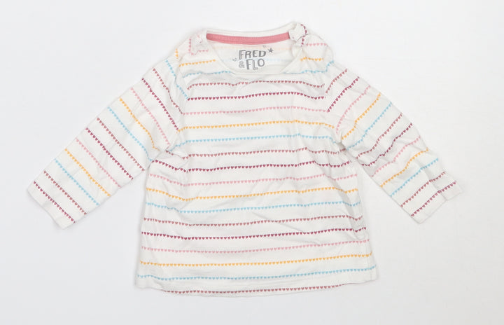 F&F Girls White Striped Cotton Basic T-Shirt Size 0-3 Months Round Neck