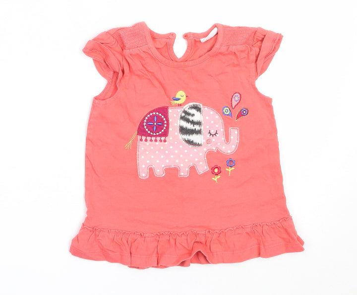 F&F Girls Pink Cotton Basic T-Shirt Size 12-18 Months Round Neck - elephant