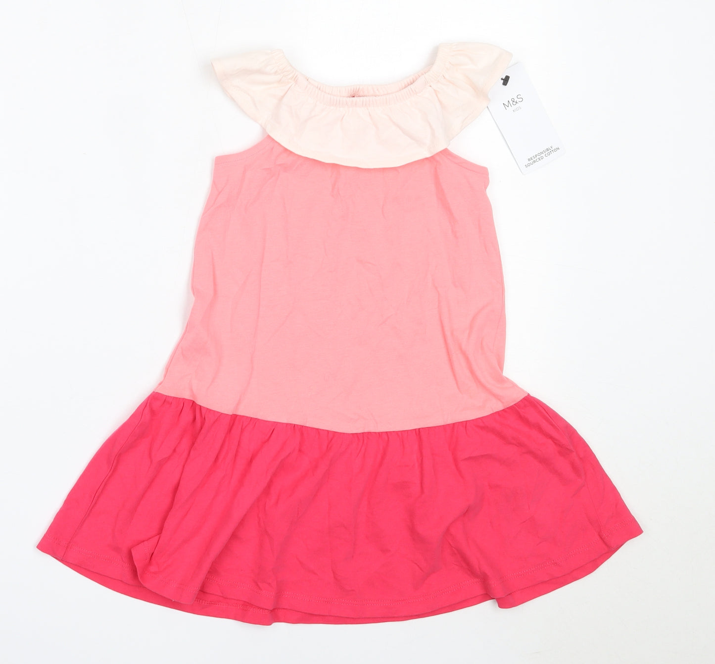 Marks and Spencer Girls Pink Colourblock Cotton Fit & Flare  Size 3-4 Years  Off the Shoulder