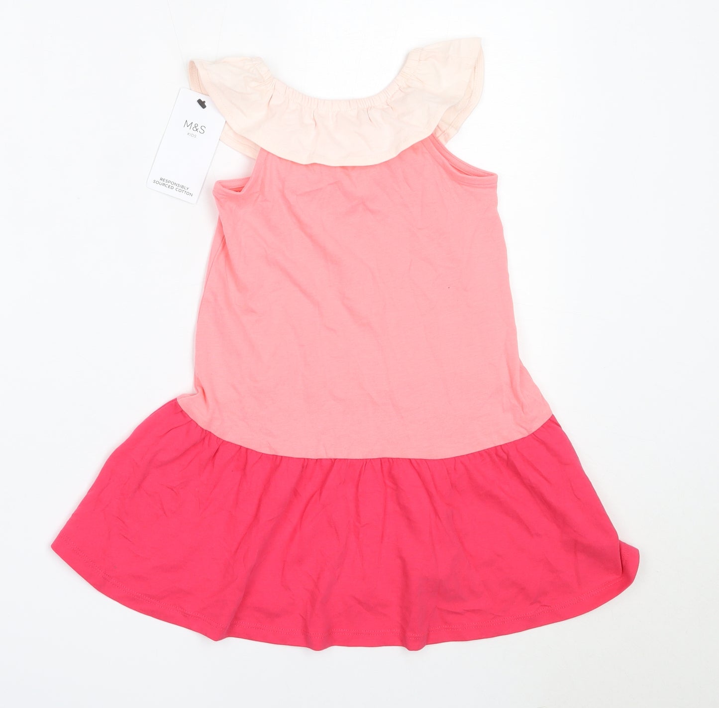 Marks and Spencer Girls Pink Colourblock Cotton Fit & Flare  Size 3-4 Years  Off the Shoulder
