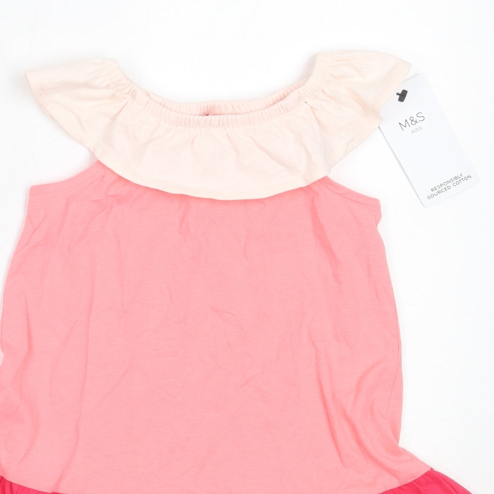 Marks and Spencer Girls Pink Colourblock Cotton Fit & Flare  Size 3-4 Years  Off the Shoulder