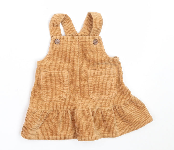 NEXT Girls Beige Cotton Pinafore/Dungaree Dress Size 3-6 Months Square Neck