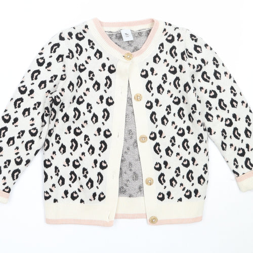 TU Girls Ivory Round Neck Animal Print Cotton Cardigan Jumper Size 2-3 Years