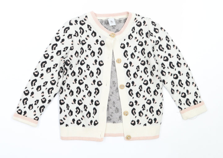 TU Girls Ivory Round Neck Animal Print Cotton Cardigan Jumper Size 2-3 Years
