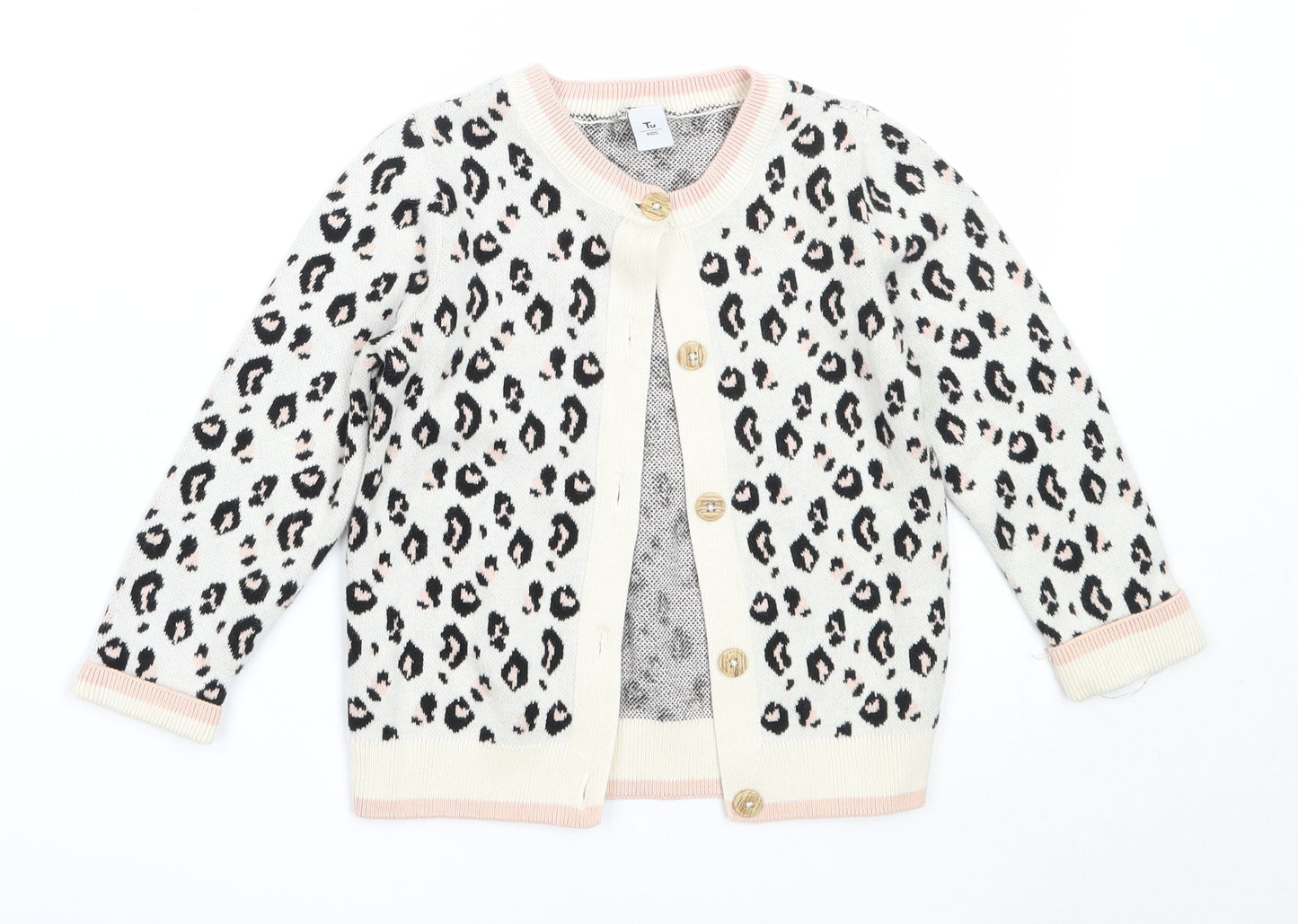 TU Girls Ivory Round Neck Animal Print Cotton Cardigan Jumper Size 2-3 Years