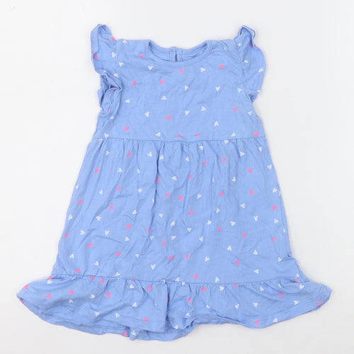 Dunnes Stores Girls Blue Geometric Cotton A-Line  Size 18-24 Months  Crew Neck Button - Heart print