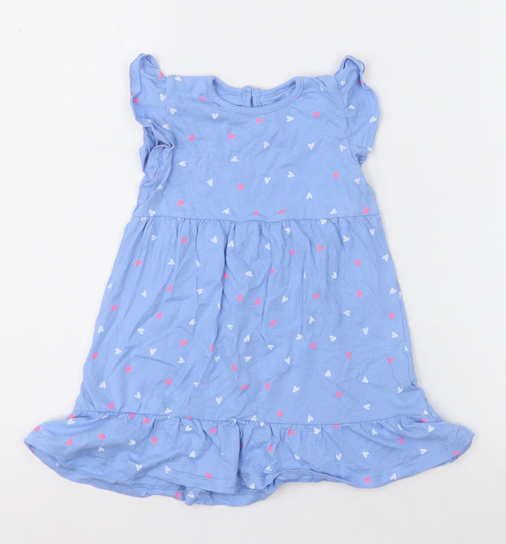 Dunnes Stores Girls Blue Geometric Cotton A-Line Size 18-24 Months Crew Neck Button - Heart print