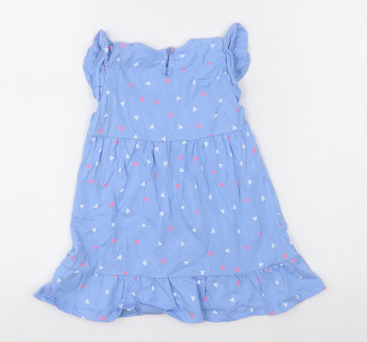 Dunnes Stores Girls Blue Geometric Cotton A-Line  Size 18-24 Months  Crew Neck Button - Heart print