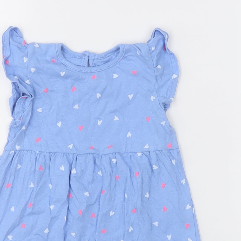 Dunnes Stores Girls Blue Geometric Cotton A-Line  Size 18-24 Months  Crew Neck Button - Heart print