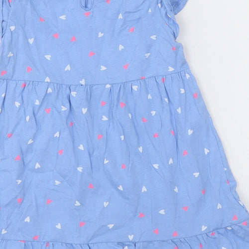 Dunnes Stores Girls Blue Geometric Cotton A-Line  Size 18-24 Months  Crew Neck Button - Heart print
