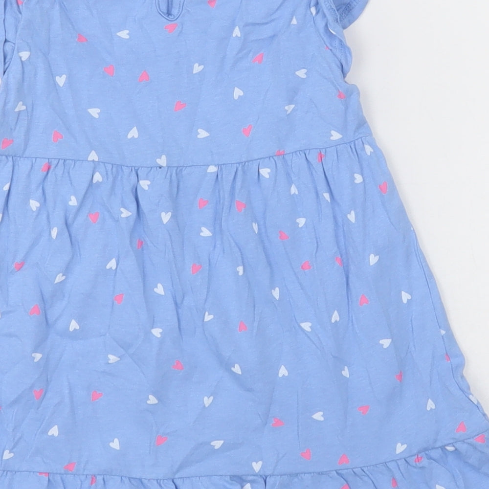Dunnes Stores Girls Blue Geometric Cotton A-Line  Size 18-24 Months  Crew Neck Button - Heart print