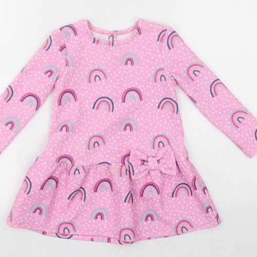 Dunnes Stores Girls Pink Polka Dot Polyester A-Line  Size 2-3 Years  Crew Neck Button - rainbows