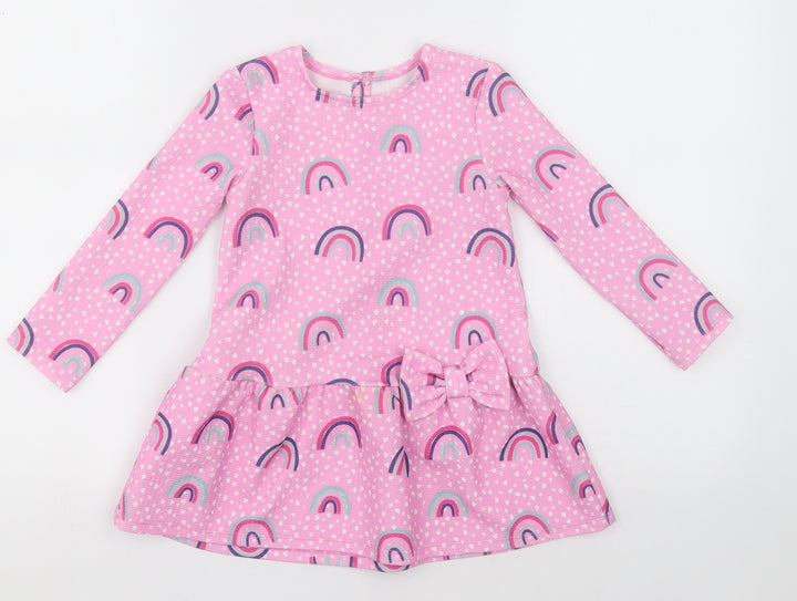 Dunnes Stores Girls Pink Polka Dot Polyester A-Line  Size 2-3 Years  Crew Neck Button - rainbows