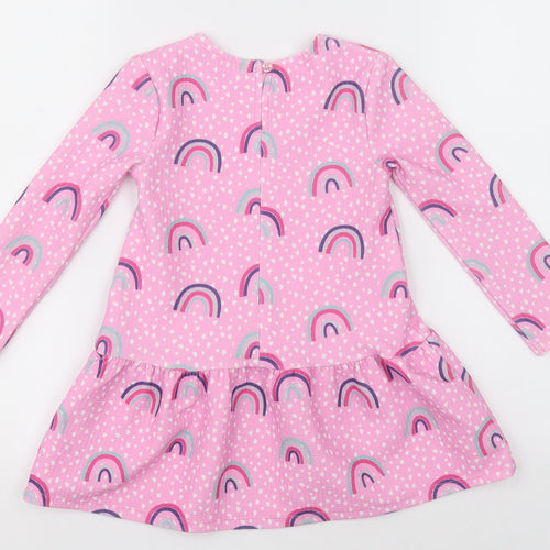 Dunnes Stores Girls Pink Polka Dot Polyester A-Line  Size 2-3 Years  Crew Neck Button - rainbows