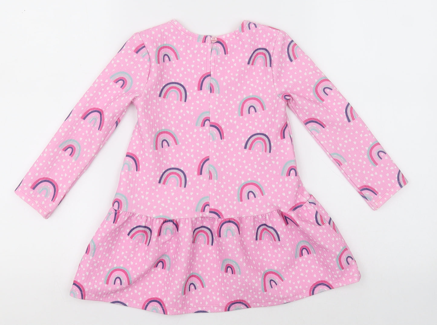 Dunnes Stores Girls Pink Polka Dot Polyester A-Line  Size 2-3 Years  Crew Neck Button - rainbows