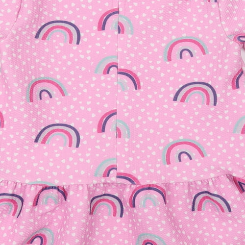 Dunnes Stores Girls Pink Polka Dot Polyester A-Line  Size 2-3 Years  Crew Neck Button - rainbows