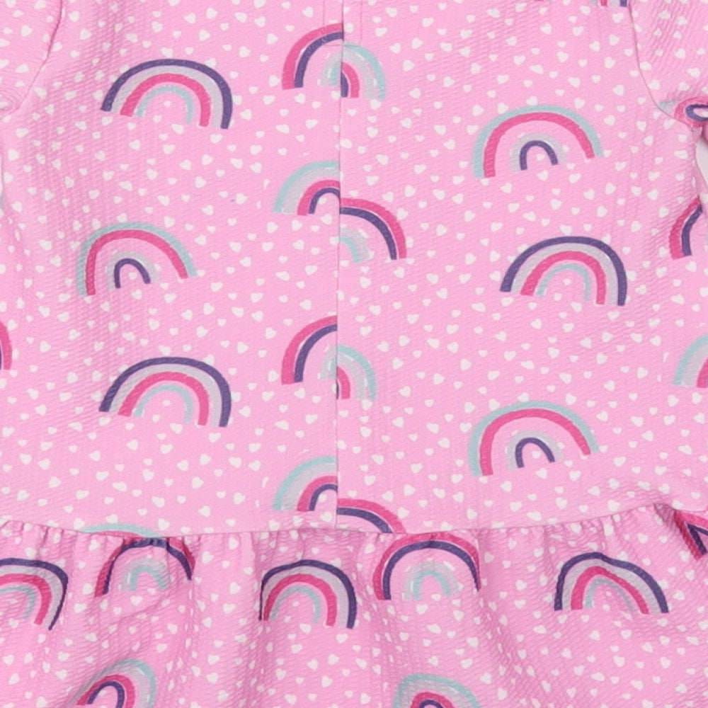 Dunnes Stores Girls Pink Polka Dot Polyester A-Line  Size 2-3 Years  Crew Neck Button - rainbows