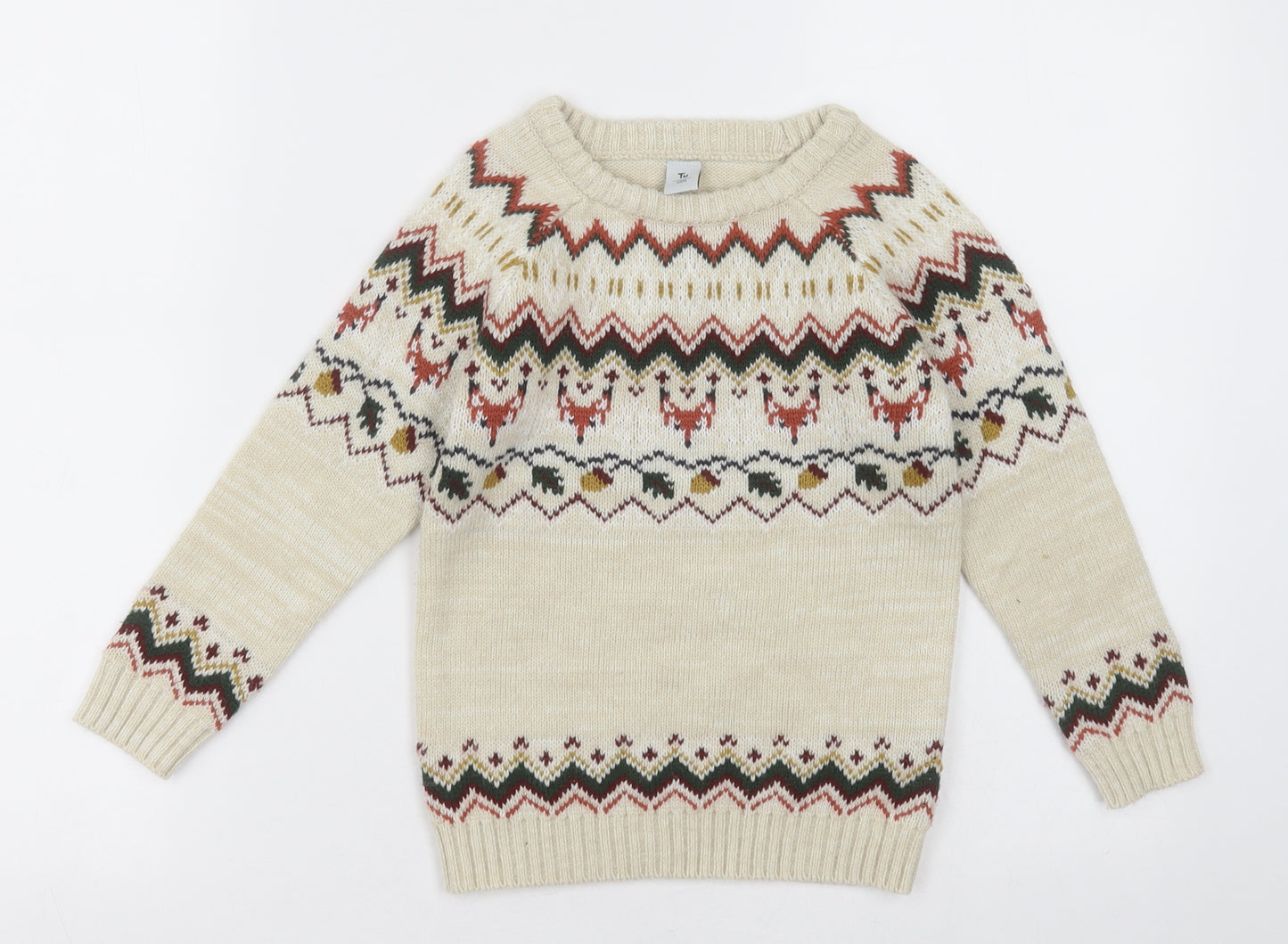 Sainsburys  Boys Beige Crew Neck Fair Isle Acrylic Pullover Jumper Size 4-5 Years  Pullover