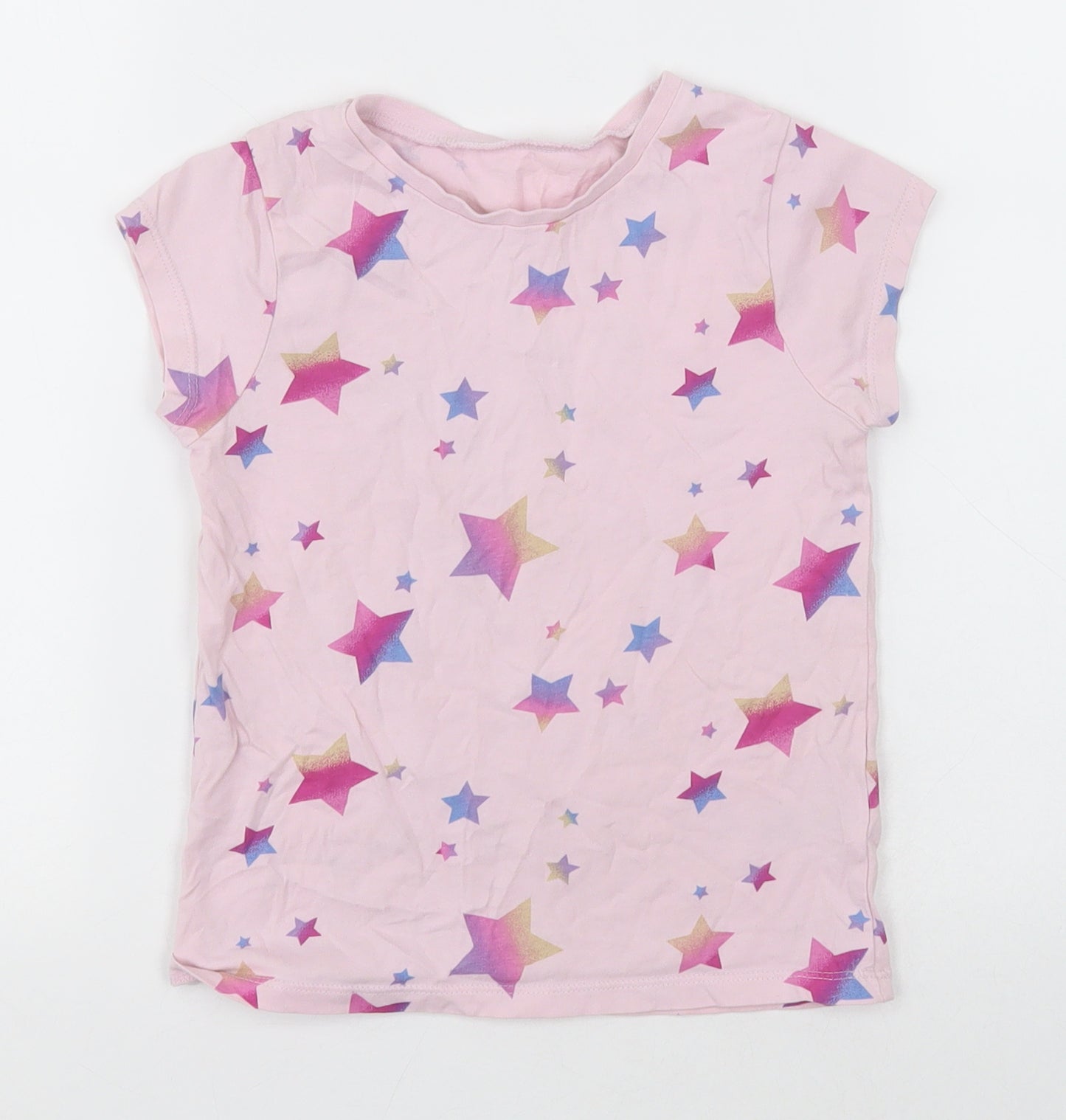 George Girls Pink Geometric Cotton Basic T-Shirt Size 5-6 Years Crew Neck Pullover - Star Pattern