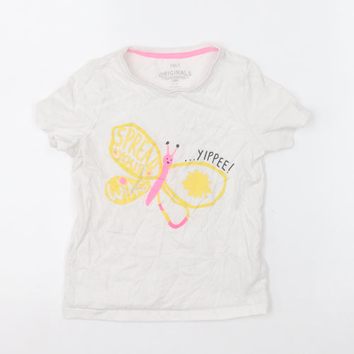 Marks and Spencer Girls White  Cotton Basic T-Shirt Size 5-6 Years Crew Neck Pullover - butterfly