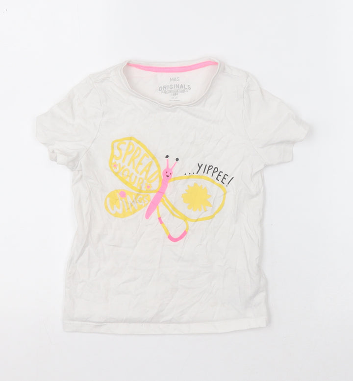 Marks and Spencer Girls White  Cotton Basic T-Shirt Size 5-6 Years Crew Neck Pullover - butterfly