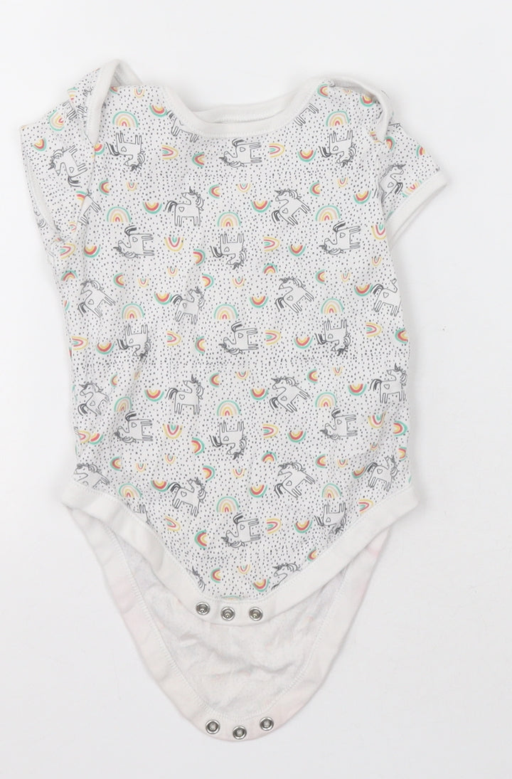Primark Baby White Geometric Cotton Babygrow One-Piece Size 12-18 Months Button - unicorn and rainbows