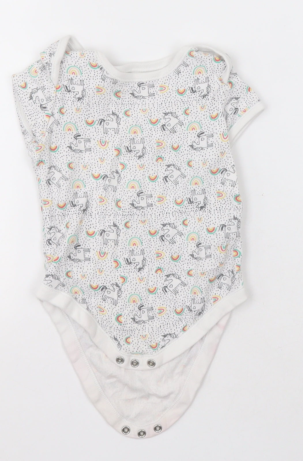 Primark Baby White Geometric Cotton Babygrow One-Piece Size 12-18 Months  Button - unicorn and rainbows