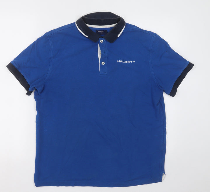 Hackett Mens Blue  Cotton Basic Polo Size M Collared Button