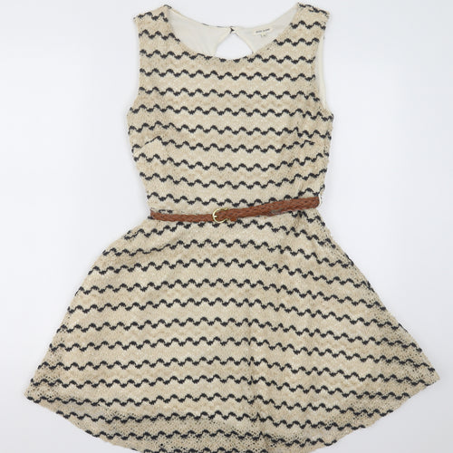 River Island Womens Beige Striped Polyester A-Line  Size 10  Crew Neck Button