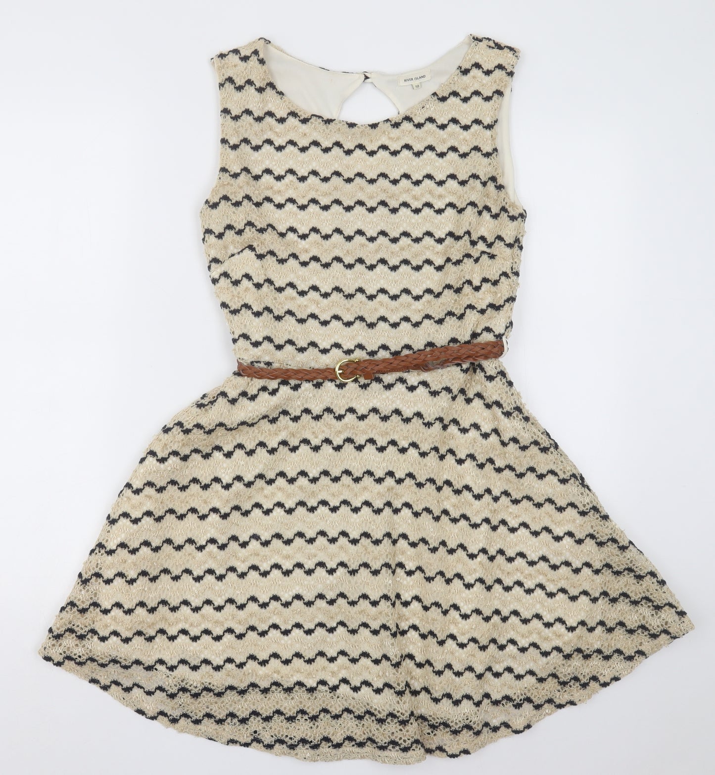 River Island Womens Beige Striped Polyester A-Line Size 10 Crew Neck Button