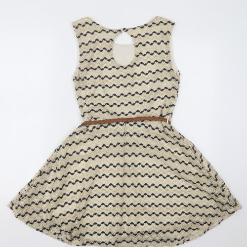 River Island Womens Beige Striped Polyester A-Line  Size 10  Crew Neck Button