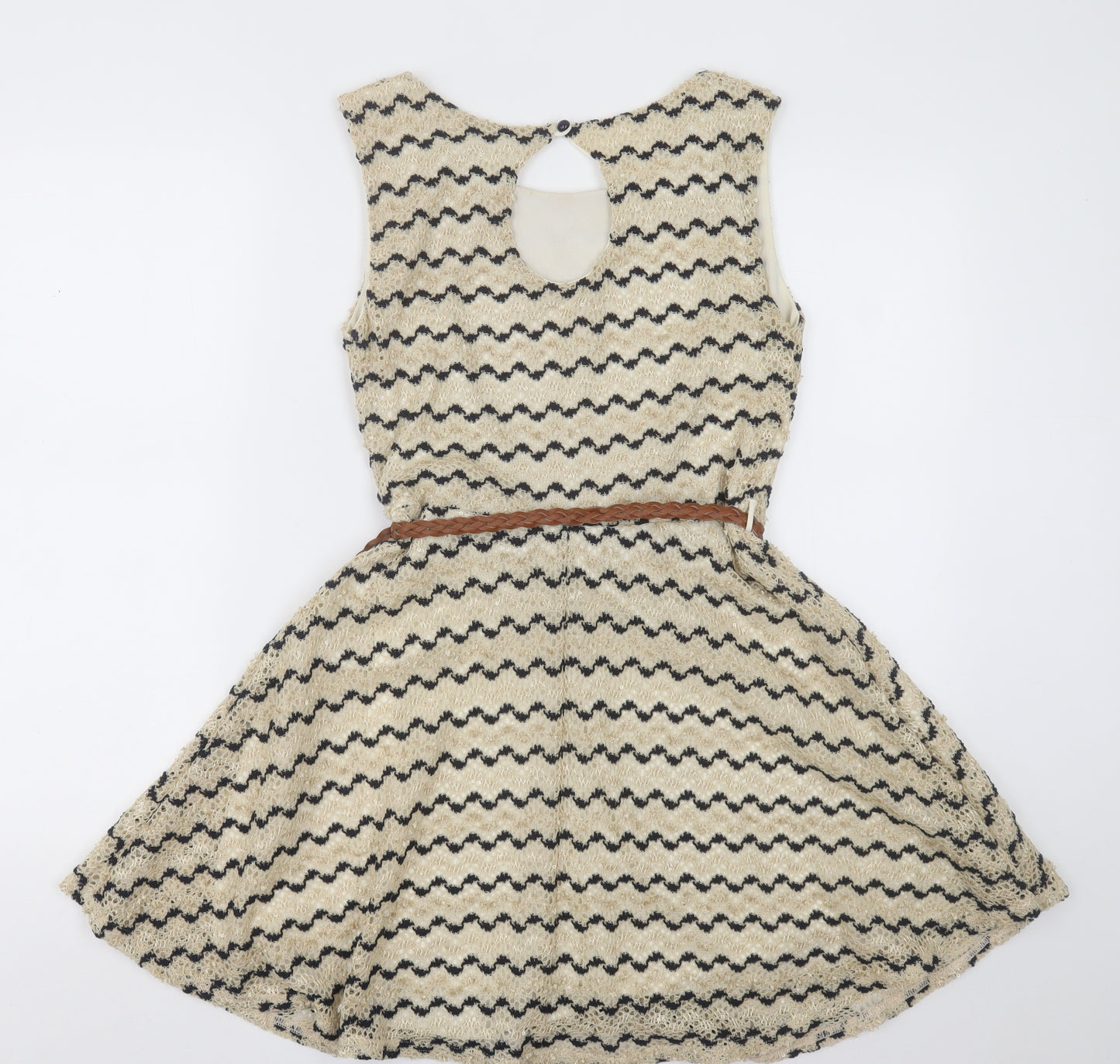 River Island Womens Beige Striped Polyester A-Line Size 10 Crew Neck Button