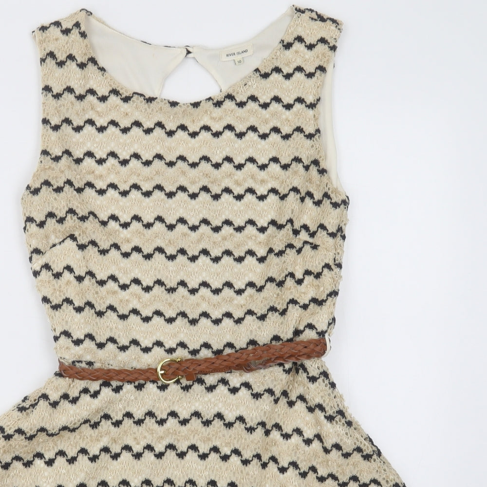 River Island Womens Beige Striped Polyester A-Line Size 10 Crew Neck Button