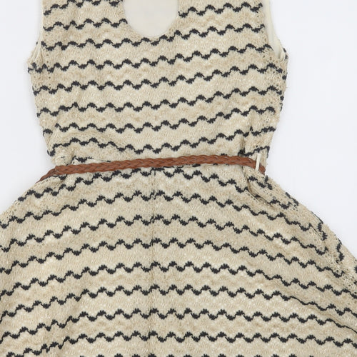 River Island Womens Beige Striped Polyester A-Line  Size 10  Crew Neck Button