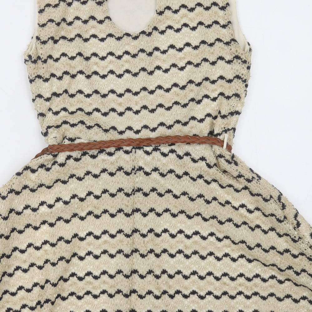 River Island Womens Beige Striped Polyester A-Line Size 10 Crew Neck Button