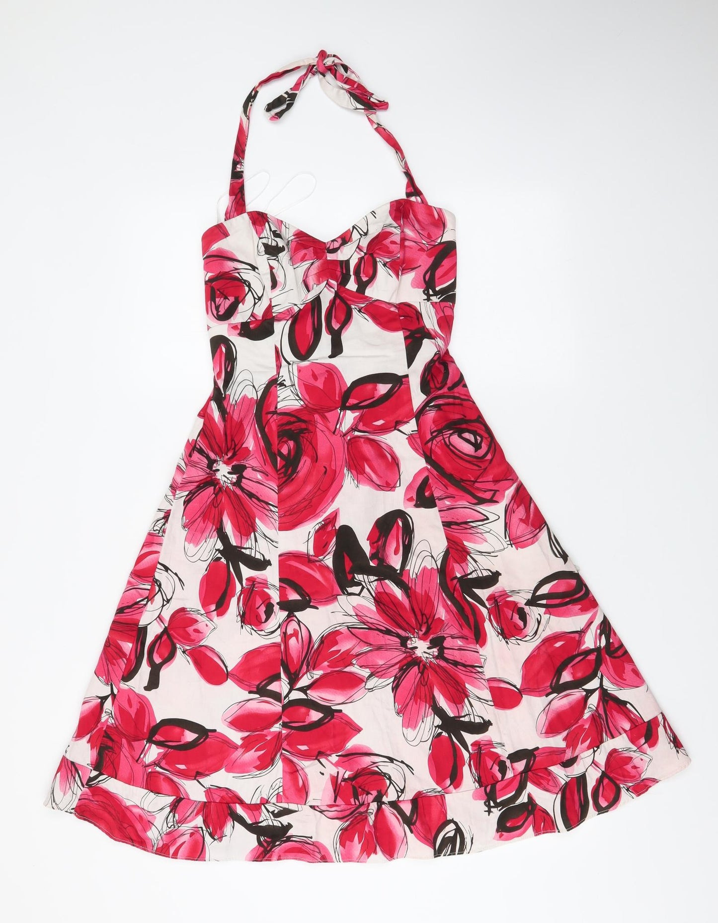 John Rocha Womens Red Floral Polyester A-Line  Size 8  Halter Tie - flower